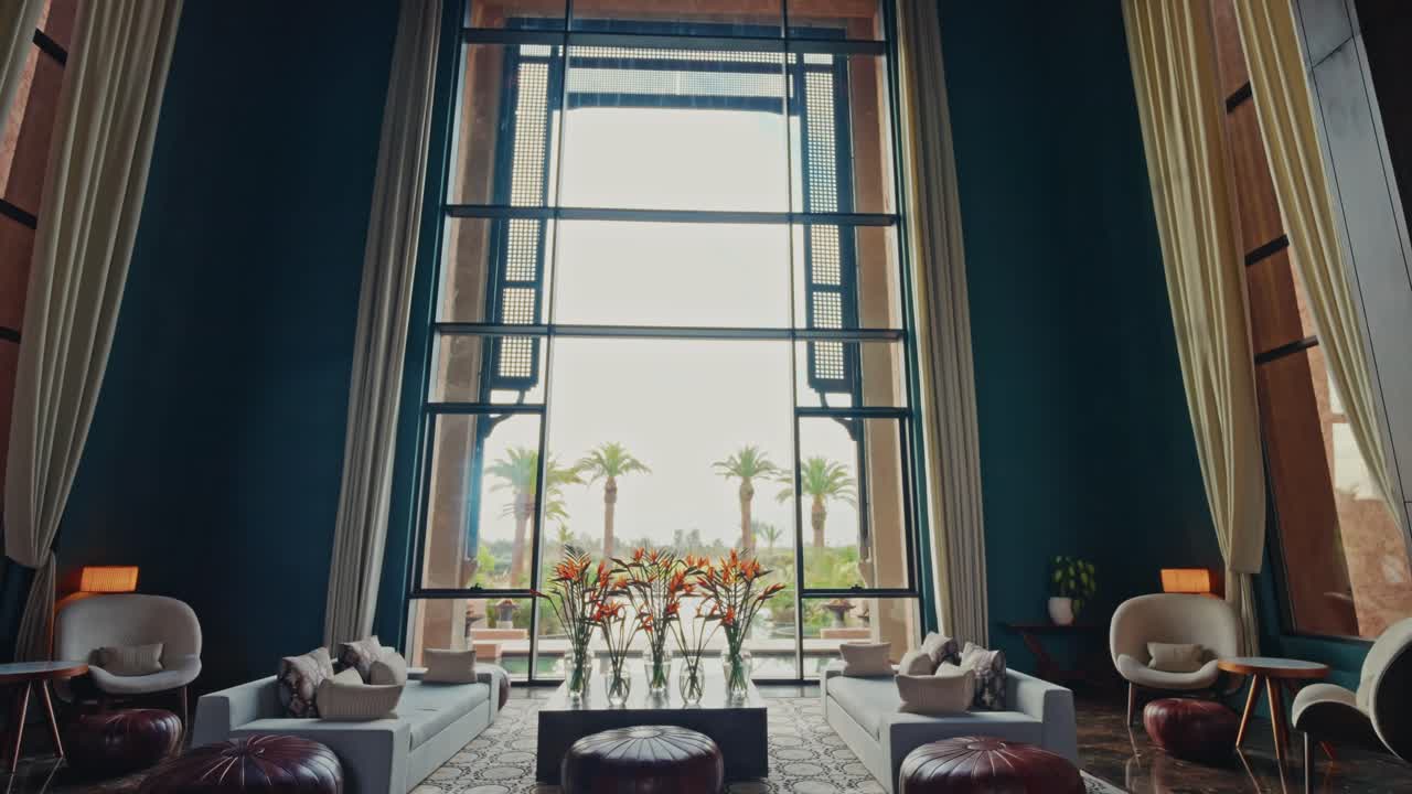 Panoramic view of the interior design of a luxury resort. Minimalistic high-end furniture. Sophistication and elegance. Cozy and refine atmosphere.