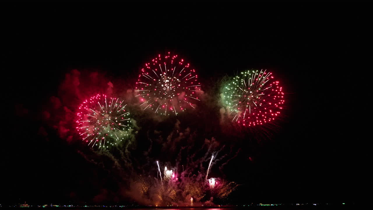 Large number of photos of fireworks during New Year's Eve being shot on the coast