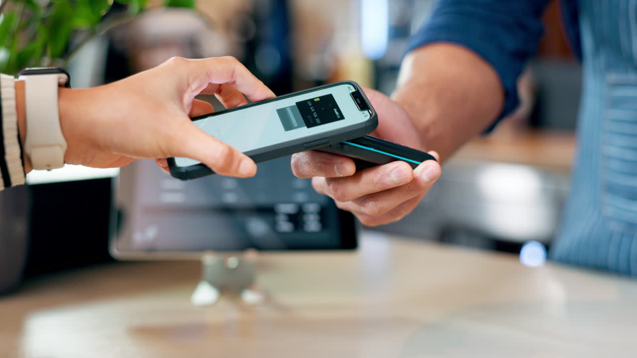 Phone payment, hands and closeup of a coffee