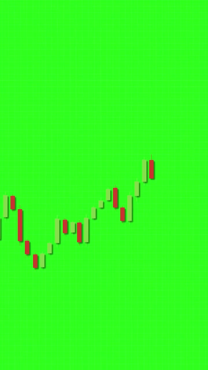 Red candlestick chart animates vertically on bright green background, simulating financial market fluctuations