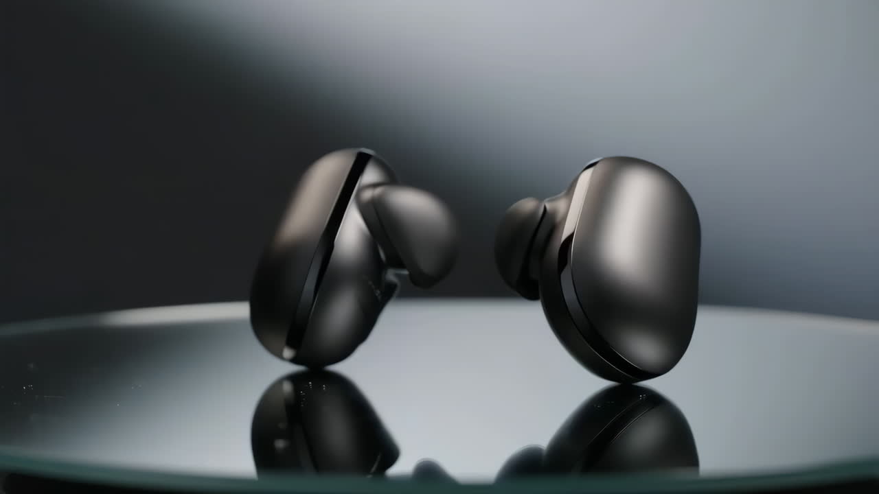 Black Wireless Earbuds on Reflective Surface
