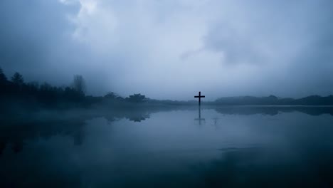 misty lake with cross