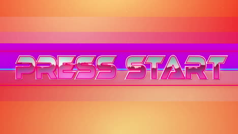 animation of press start text in pink metallic, over neon lines on orange and purple