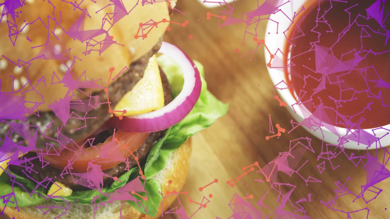 Camera panning revealing burger and fries on wooden board, particles drifting, showcasing menu
