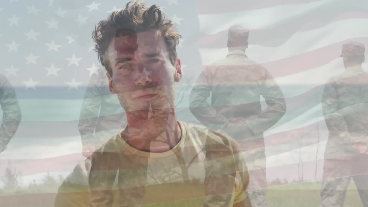 animación de la bandera de los estados unidos de américa sobre soldados y hombre caucásico en la playa