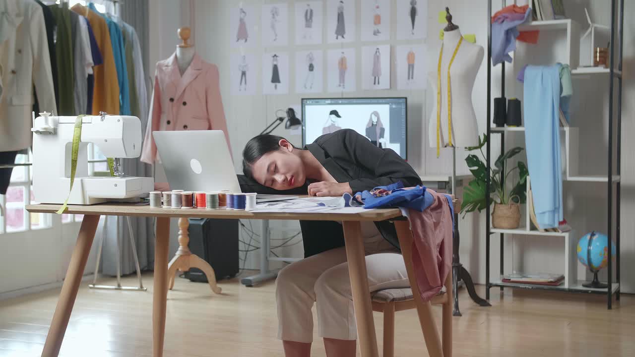 스튜디오에서 옷을 디자인하는 동안 노트북과 함께 비즈니스 슈트를 입은 아시아 여성 디자이너가 잠을 자고 있습니다.