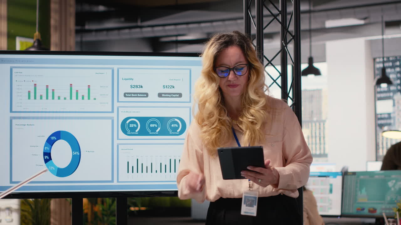 Vertical Video Chief executive officer evaluating productivity reports in company space