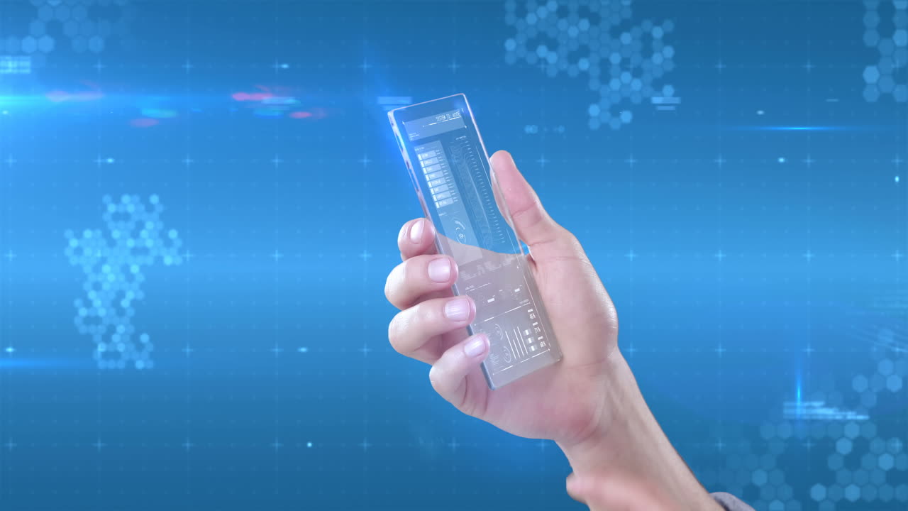 디지털로 생성된 배경을 배경으로 미래의 휴대폰을 손에 들고 있습니다.