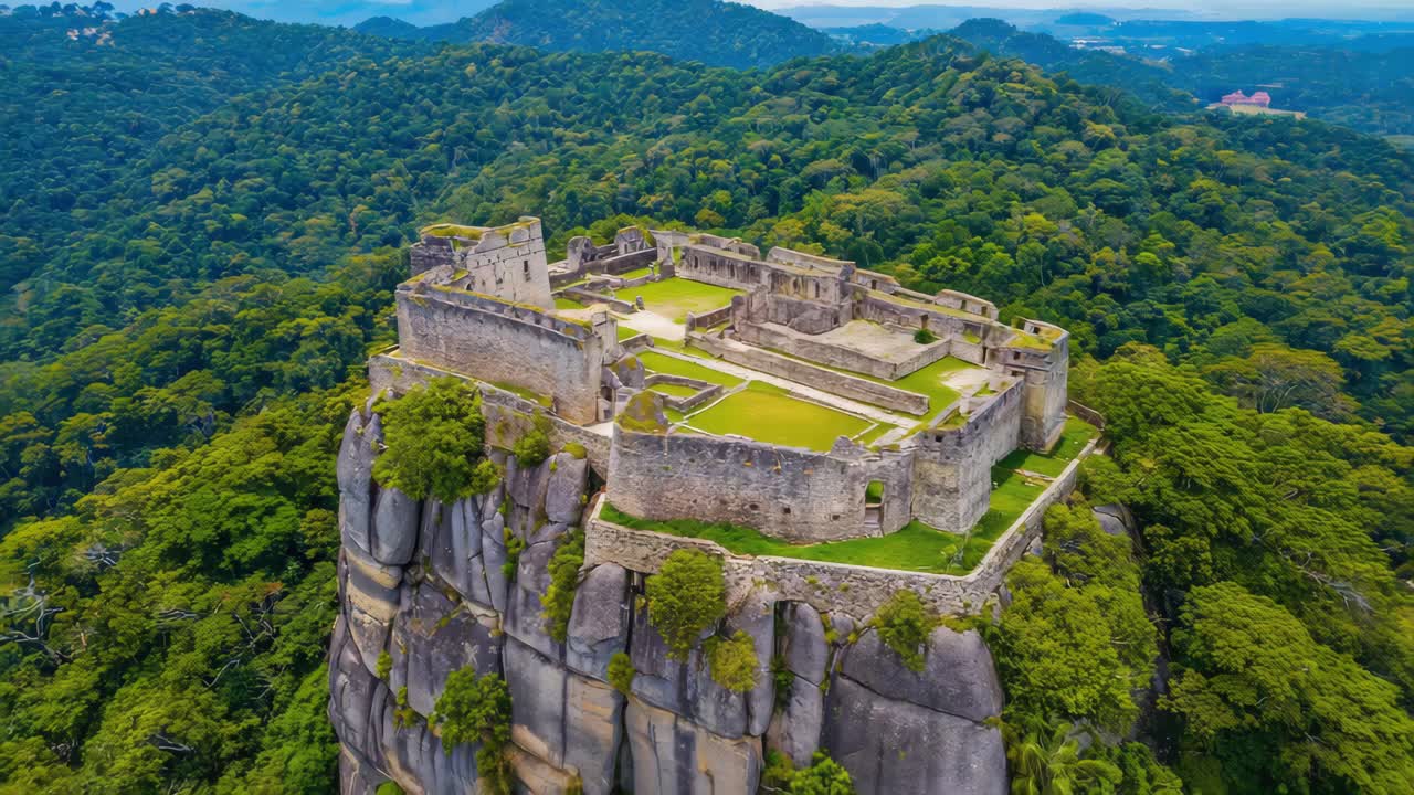 Ancient Fortress Ruins Perched on a Rocky Mountain Amidst a Lush Forest