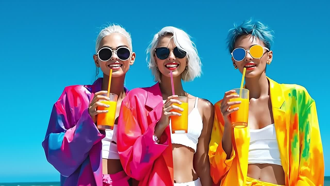 Three women in colorful outfits drinking orange juice