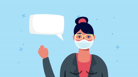 woman wearing mask and glasses with speech bubble