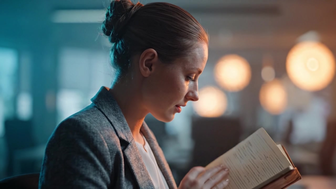 Une jeune femme concentrée dans un cadre de bureau est profondément absorbée par son carnet, y consignant pensées et idées dans un moment de réflexion et de concentration.