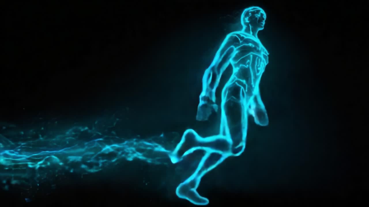 Dynamic Digital Representation of a Futuristic, Energetic Runner in a Visually Stunning Neon Light Setting, Capturing Motion and Energy in a Striking Blue Glow