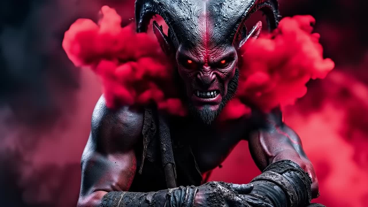 A demonic demon with red smoke coming out of his mouth