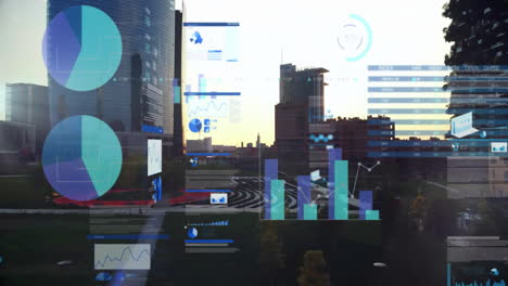 animación del procesamiento de datos y diagramas sobre el paisaje urbano.
