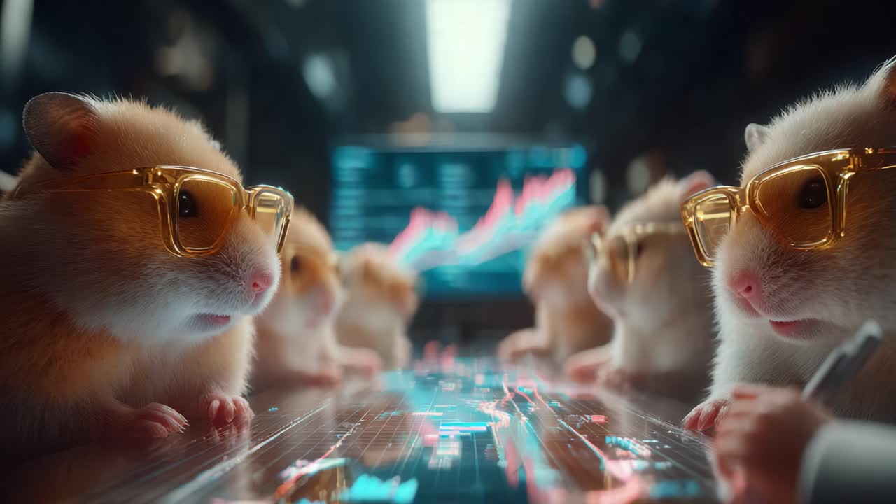 A group of hamsters wearing sunglasses engage in a serious discussion around a high-tech table, analyzing digital data and market trends on multiple screens, exploring futuristic concepts