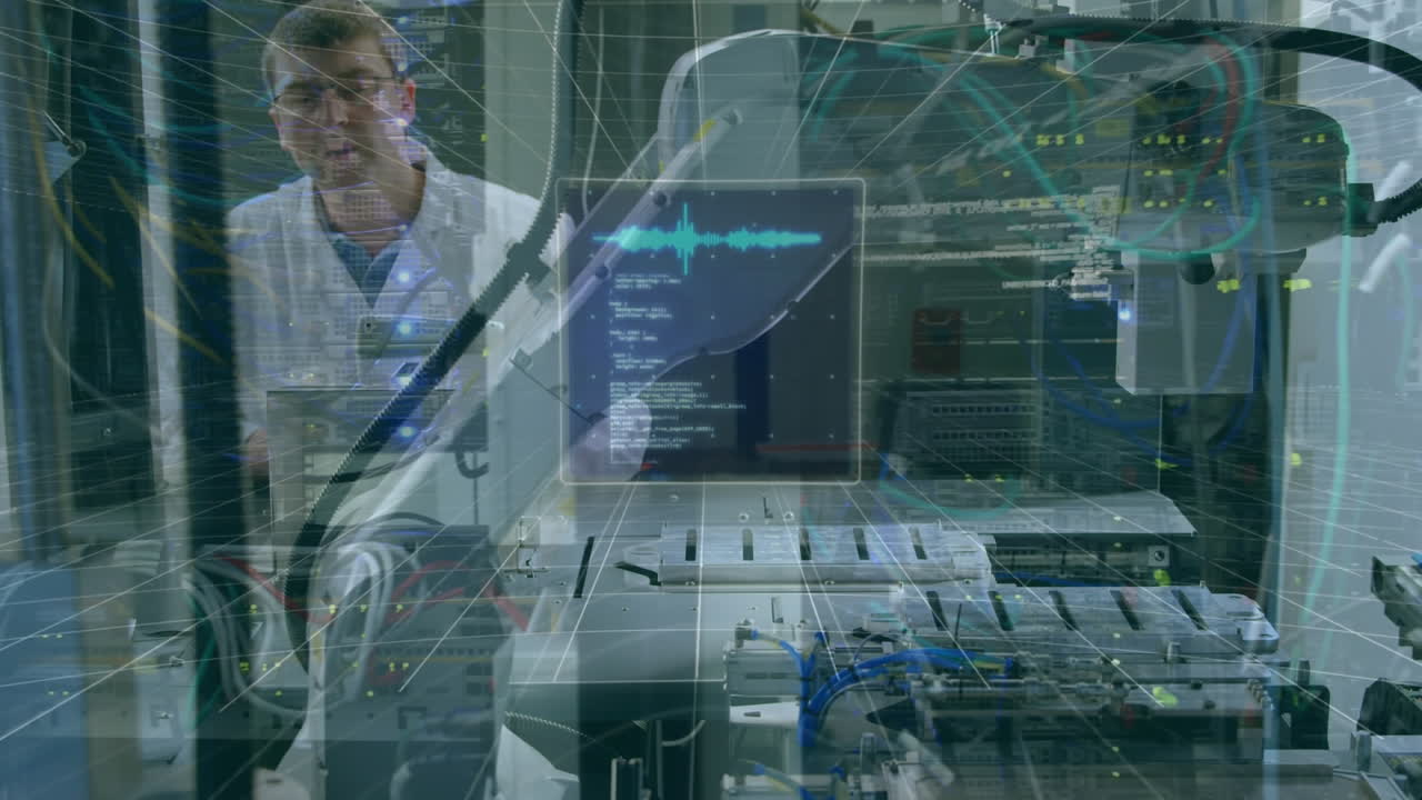 작업실에서 백인 남성 노동자에 대한 데이터 처리 애니메이션