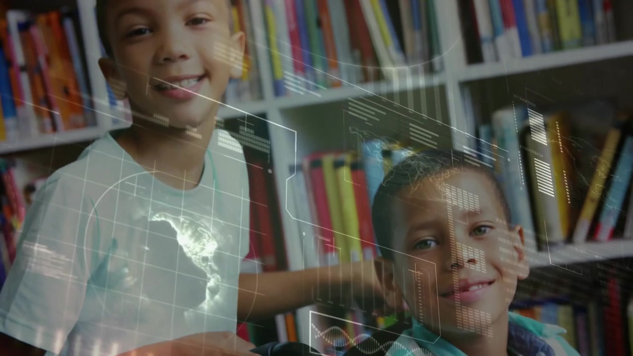 Friend pushing wheelchair past bookshelf while educational holographic data floating around boys