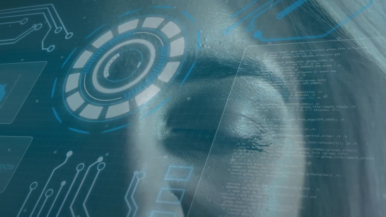 Animation of scope scanning and data processing over woman's face in background