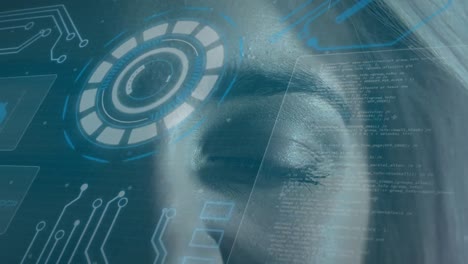 animation of scope scanning and data processing over woman's face in background