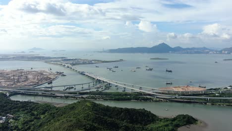 hong kong zhuhai macau bridge on a beautiful day, wide angle aerial view