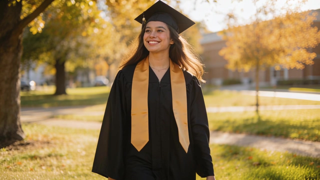 Una laureata cammina dopo la cerimonia di laurea, attraversando il cortile del campus, indossando tocco, toga e stola.