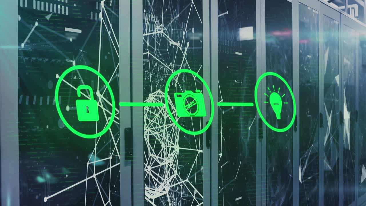 анимация вычислительной обработки данных и икон на компьютерных серверах.
