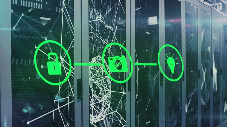 Animation of computing data processing and icons over computer servers