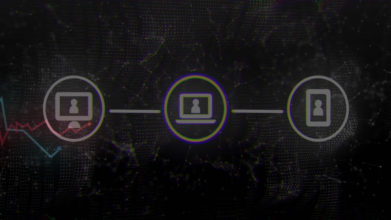 Animation of connections of technology icons over black background