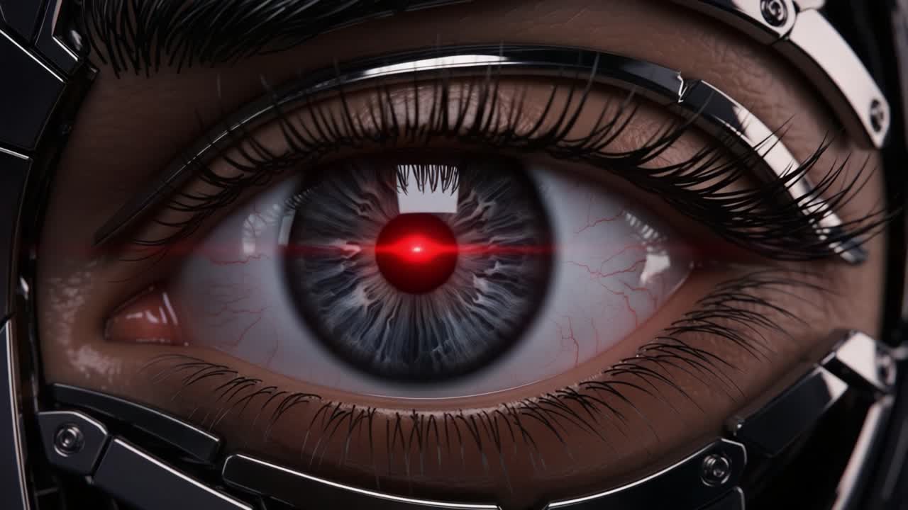 A Close-Up View of a Robotic Eye with a Striking Red Laser Point, Combining Advanced Technology and Human-Like Features in a Captivating Visual Display