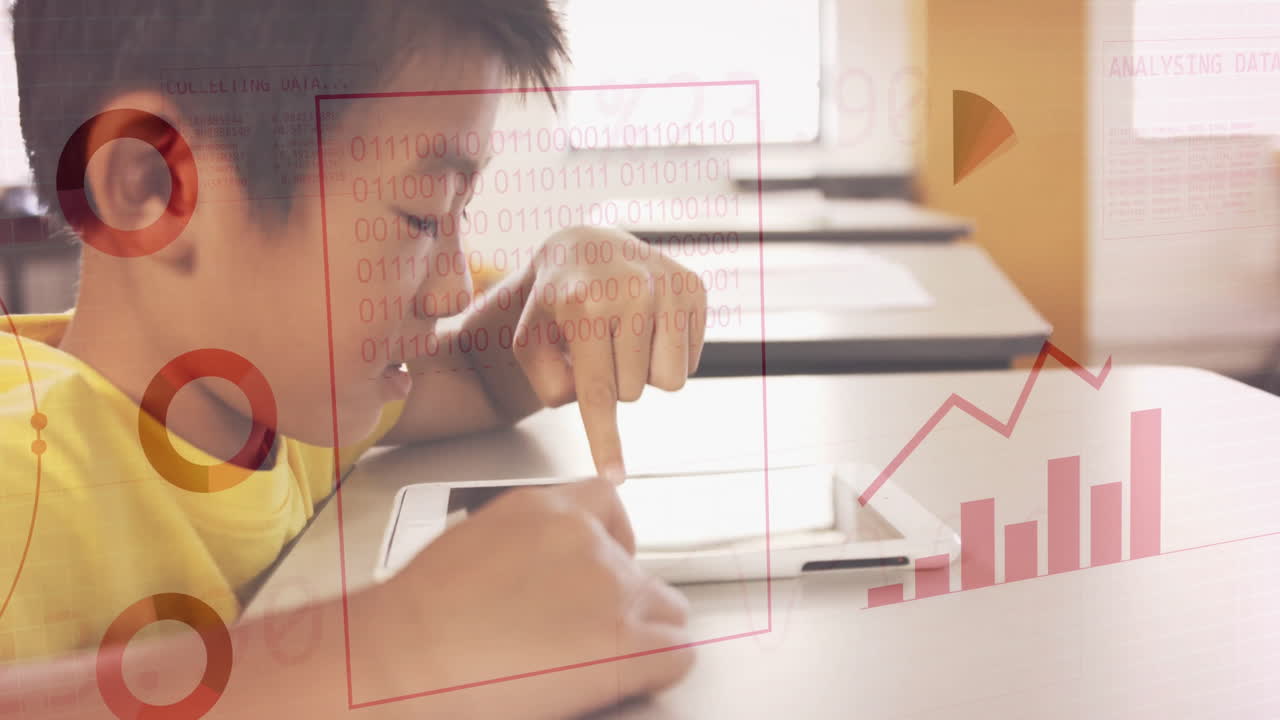 교실에서 태블릿을 사용하는 아이에 대한 데이터 애니메이션 분석