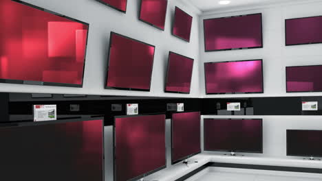 animation of rows of television sets with glowing pink screens in store