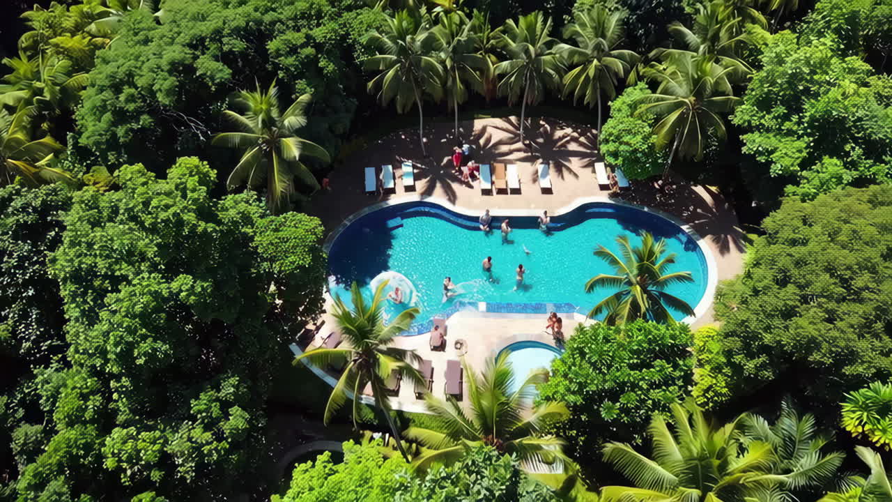 Aerial view of a tropical resort swimming pool with people enjoying the water and sun
