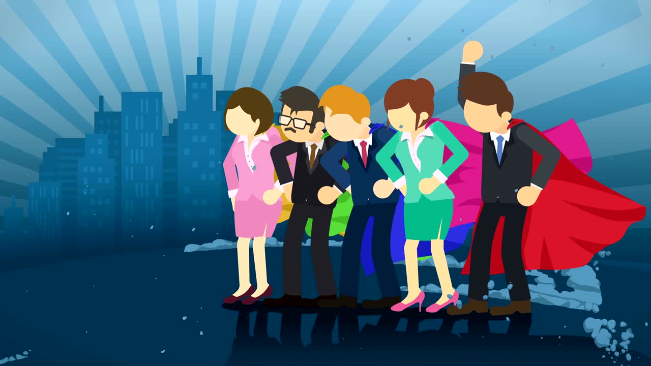 도시 배경에 서있는 슈퍼 히어로, 먼지 구름 근처, 비즈니스 팀 상징, 팀워크 및 성취 개념, 만화 루프 애니메이션.