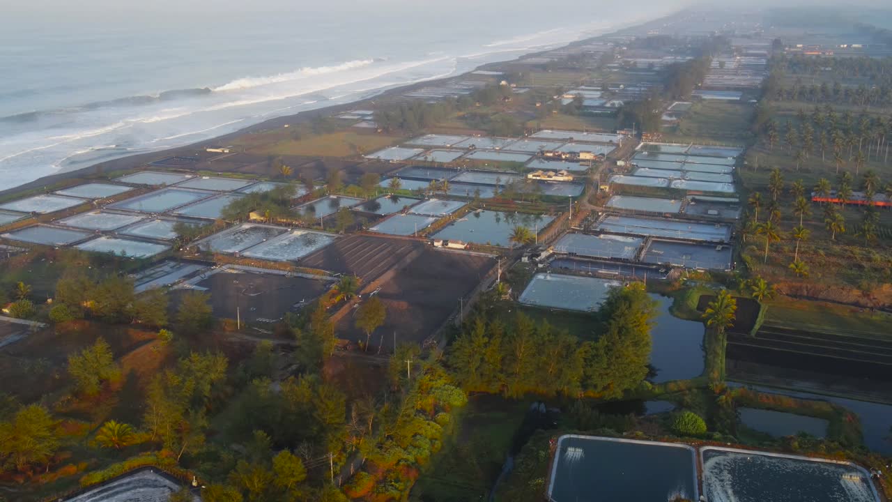 Aerial view of pond with seawater for salt pan process at Ketawang Beach, Indonesia