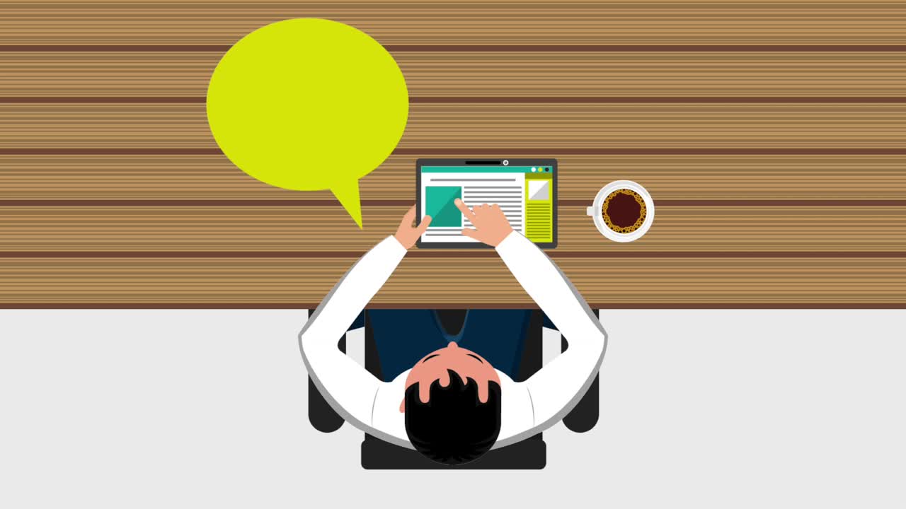 top view man sitting holding tablet computer reading chat bubble coffee cup