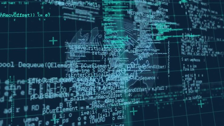 Digital animation of data processing over grid network against spinning globe on blue background