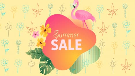 animation of summer sale text with flamingo over flowers moving in hypnotic motion