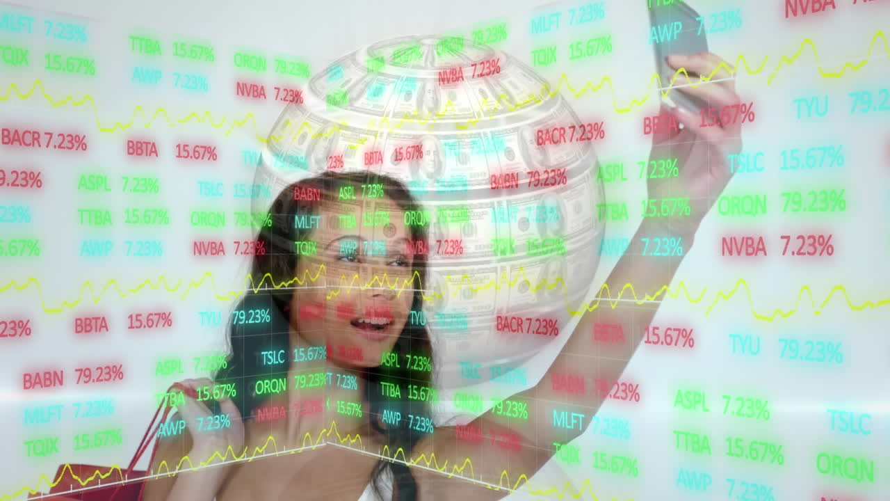 금융 데이터 처리의 애니메이션과 달러와 스마트 폰을 사용하는 여성으로 형성 된 지구