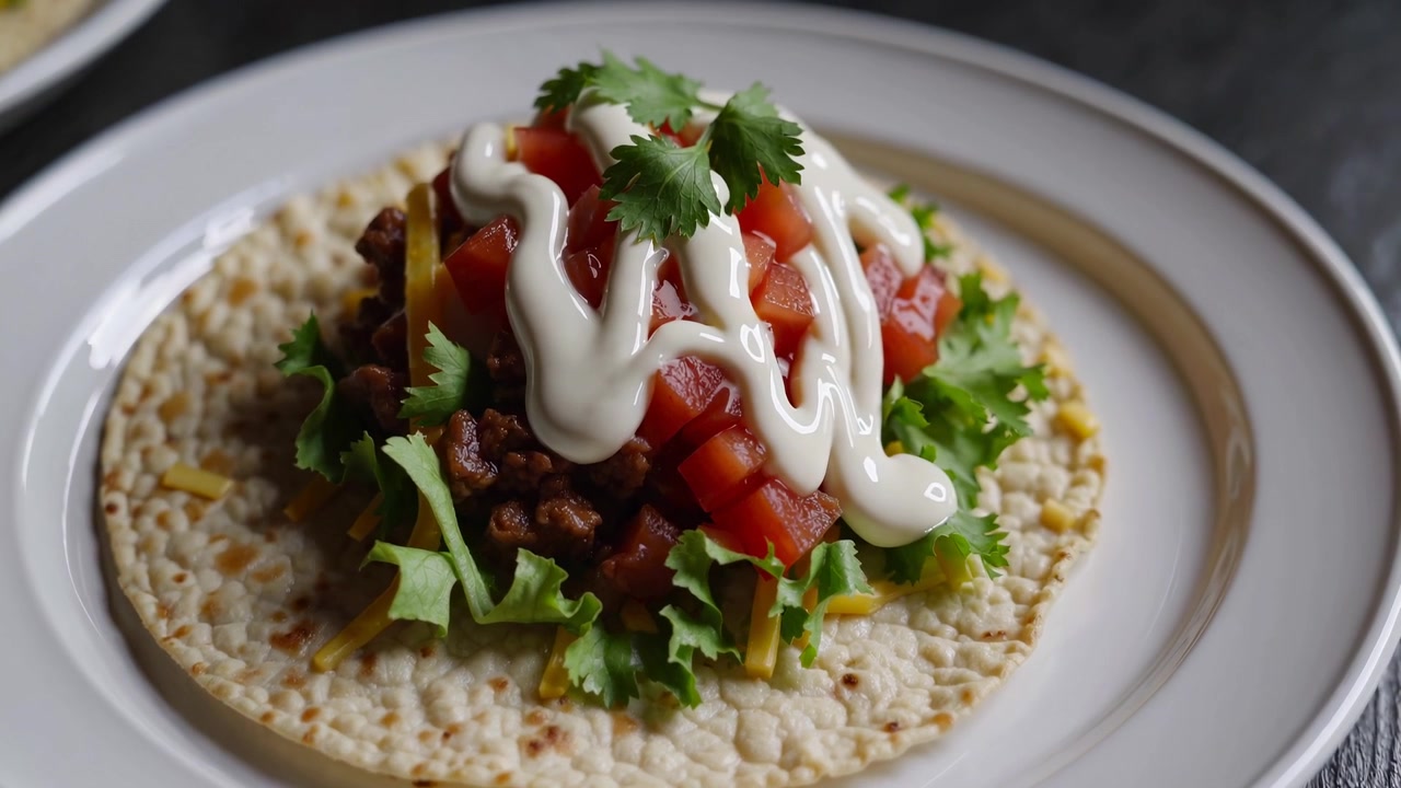 Lähikuva herkullisesta tacosta lihalla, juustolla ja tuoreilla täytteillä