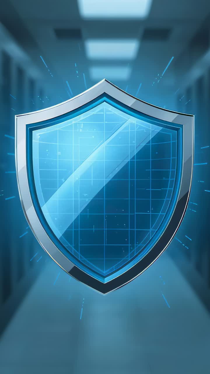 Vertical video: Pulsing blue shield brightening after pulse, emitting light in hallway, metal rim