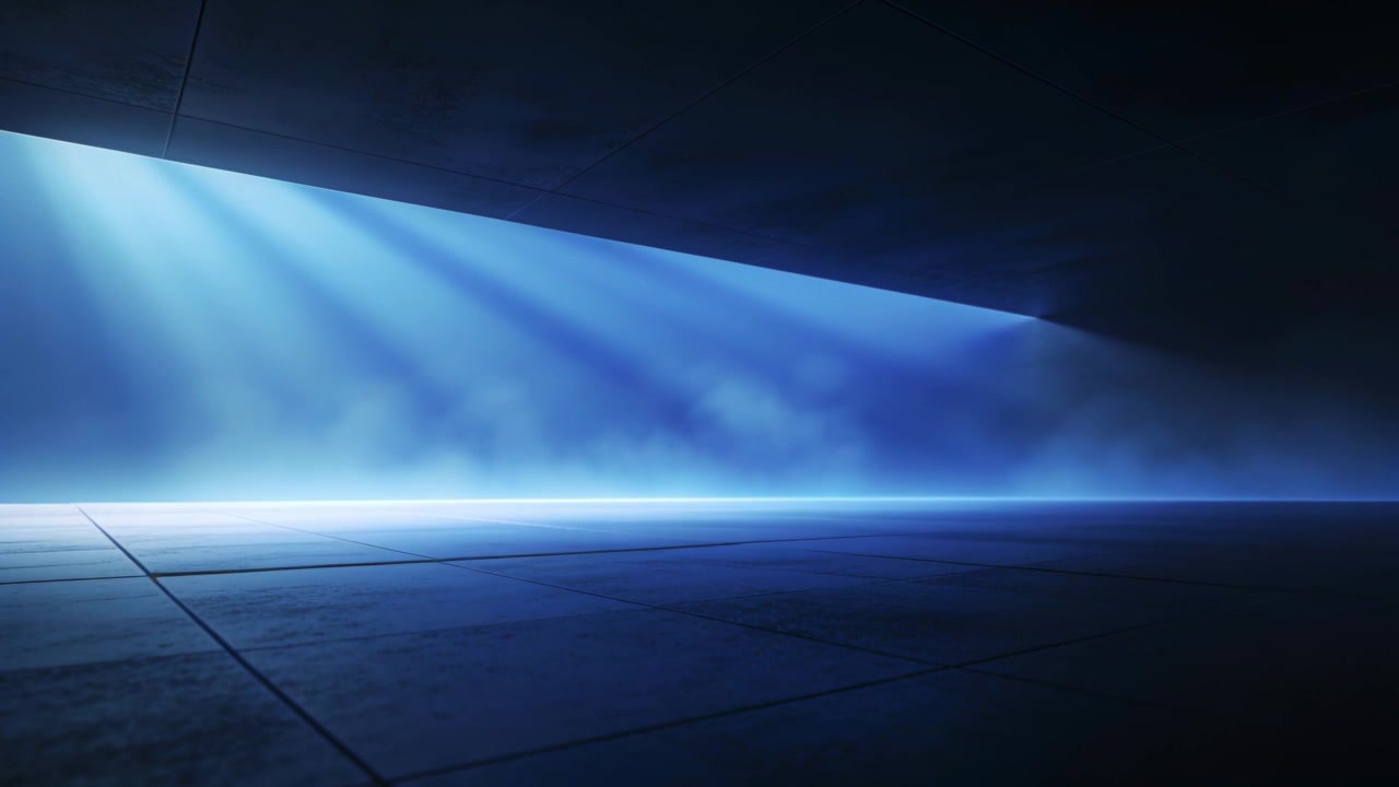 Slanted opening sending blue volumetric light shafts across bay floor, fog shifting, copy space
