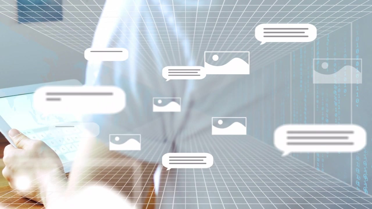 Mand tapper på tablet, med tech-bobler og billeder, der driver hen over et wireframe-gitter, læser beskeder