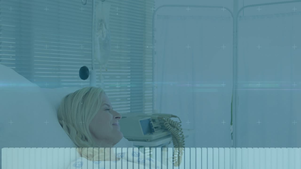 Nurse entering room and grasping patient wrist while monitoring health metrics with waveform bars