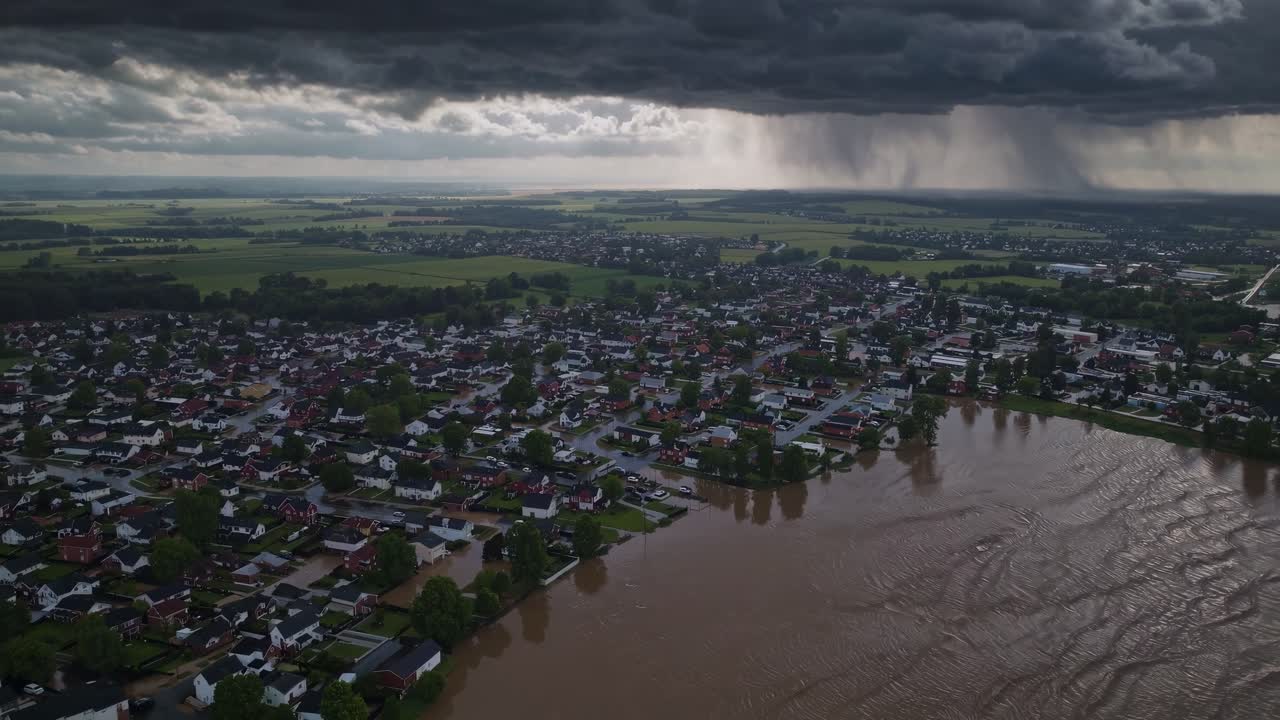 Aerial view revealing devastating flood waters surging through residential neighborhood, dark clouds unleashing torrential rain over inundated landscape, highlighting climate change impact