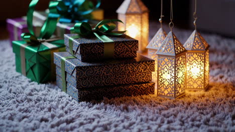 gifts and lanterns on a carpet