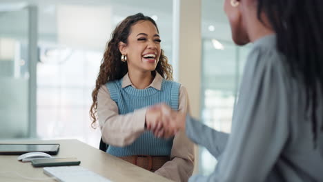 smile, handshake and thank you with business women