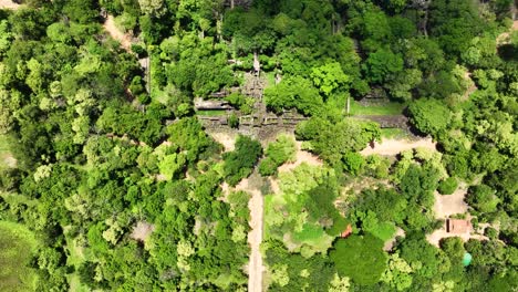 above view of prasat beng mealea ruins in dense vegetation, svay leu district, siem reap province, cambodia. aerial shot