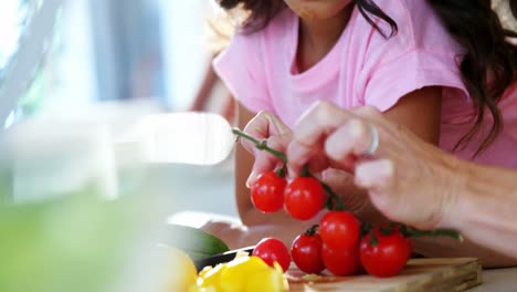 madre cortando verduras mientras la hija mira