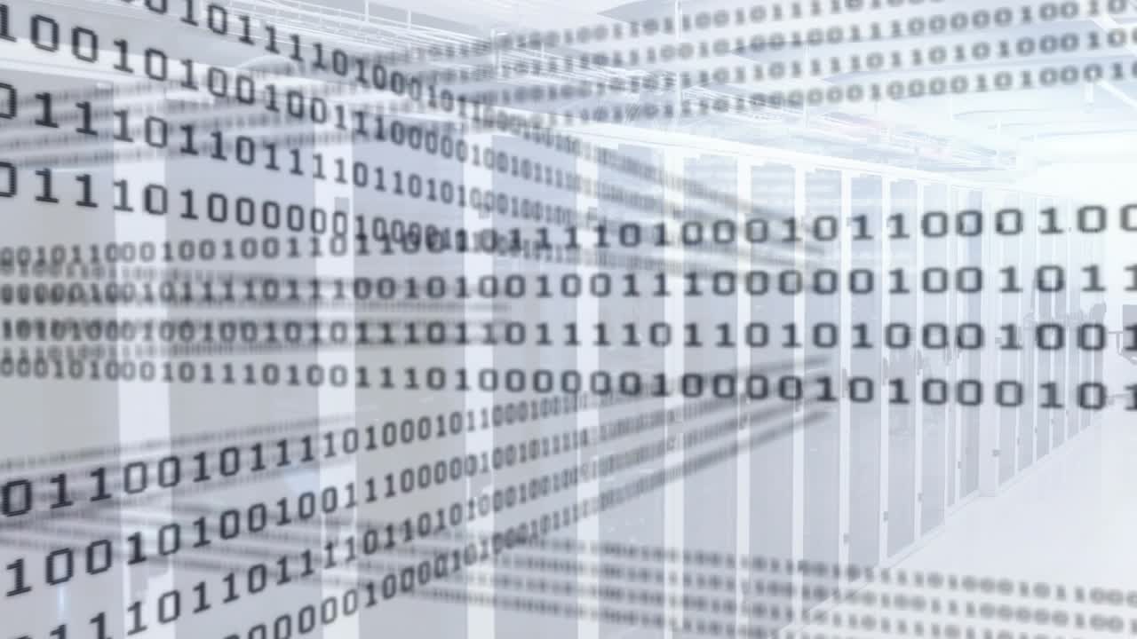 Opening corridor showing server racks scrolling binary code while camera panning exposing data flow